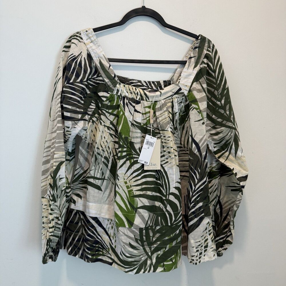 Elie Tahari Womens Tropical Print Long Sleeve Cotton Top Blouse L beach coasta